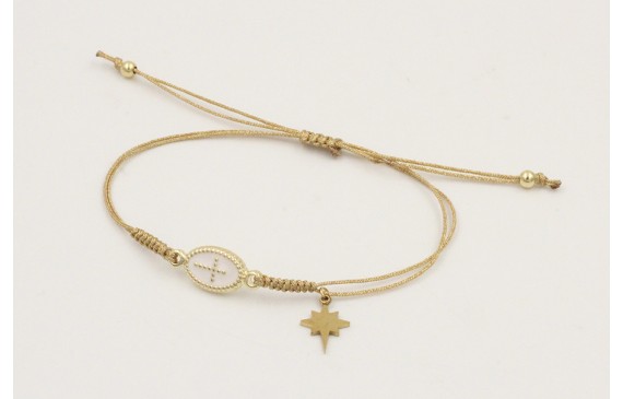 Pulsera hilo dorado palido con entrepieza cruz esm