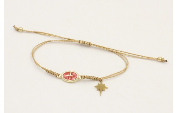 Pulsera hilo dorado palido con entrepieza cruz esm