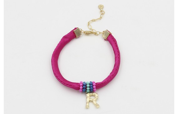 Pulsera seda fucshia con aritos de abalorio rosa,a