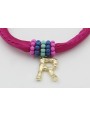 Pulsera seda fucshia con aritos de abalorio rosa,a