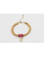 Pulsera seda mostaza con aritos de abalorio rosa,n