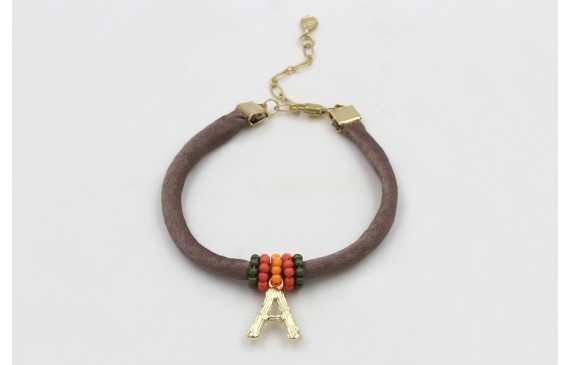 Pulsera seda topo con aritos de abalorio naranja,s