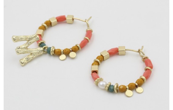 Pendientes aros con tubos facetados salmón, bolas 