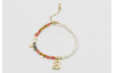 Pulsera con tubos facetados salmón, bolas mostazas