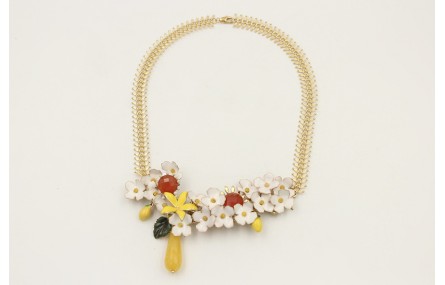 Collar cadena espiga dorado brillo, rama coral con