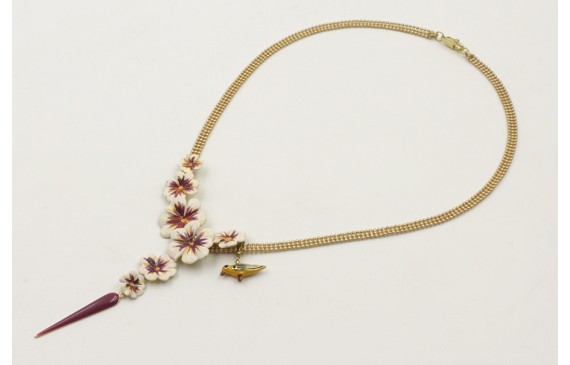 Collar cadena bolas 3 bandas dorada mate con flore