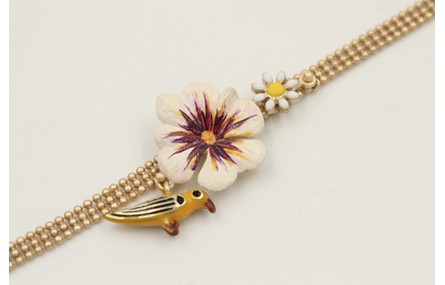 Pulsera cadena bolas 3 bandas dorada mate con flor