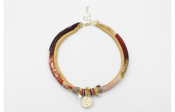 Collar seda natural mostaza y lazo tubo kimono gra