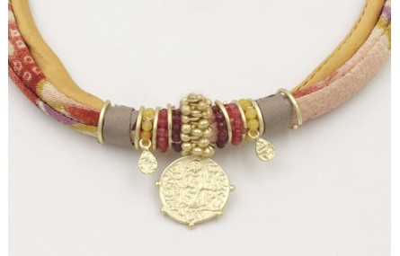 Collar seda natural mostaza y lazo tubo kimono gra