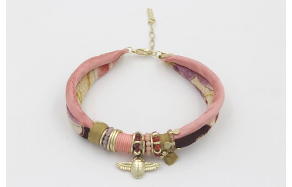 Pulsera seda natural salmón y lazo tubo kimono gra