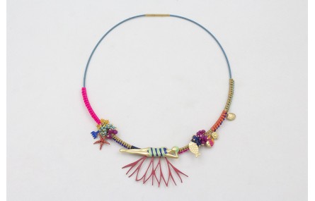 Collar rigido azul con bañista azul,rama coral ros