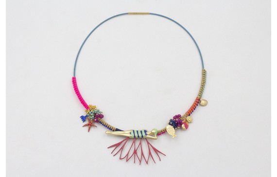 Collar rigido azul con bañista azul,rama coral ros