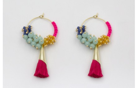 Pendiente aro mediano dorado mate con fleco hilo f