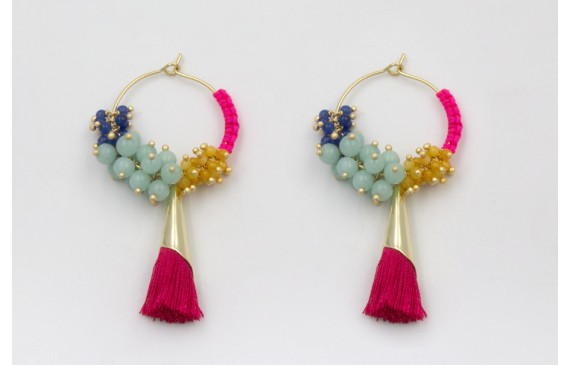 Pendiente aro mediano dorado mate con fleco hilo f