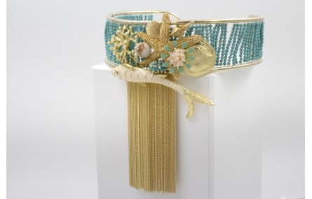 Choker doble aro dorad cosidas bolas turquesas con