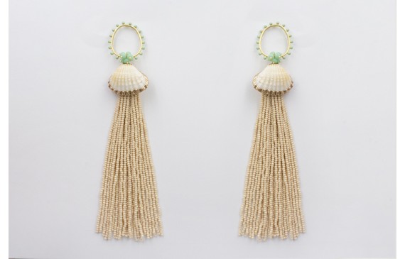 Pendientes perno aro bolitas turquesas con fleco a