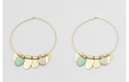 Pendientes aro grande dorado mate dagas turquesas,