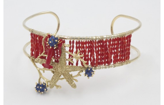 Choker doble aro dorado cosidos coralitos rojos co