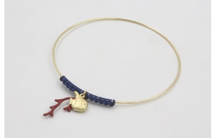 Pulsera rigida dorada brillo con nudo macramé azul