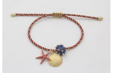 Pulsera de driza rojiza y rosa con concha, estrell