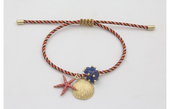 Pulsera de driza rojiza y rosa con concha, estrell