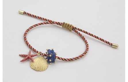 Pulsera de driza rojiza y rosa con concha, estrell