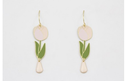 Pendientes perno sencillo con tulipán rosa y lagri