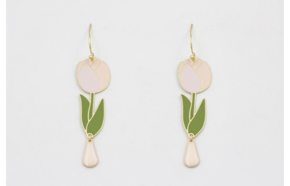 Pendientes perno sencillo con tulipán rosa y lagri