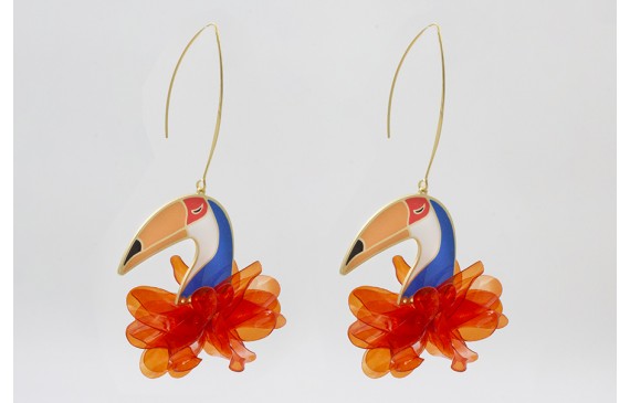 Pendientes V oro mate con tucan esmaltado en blanc