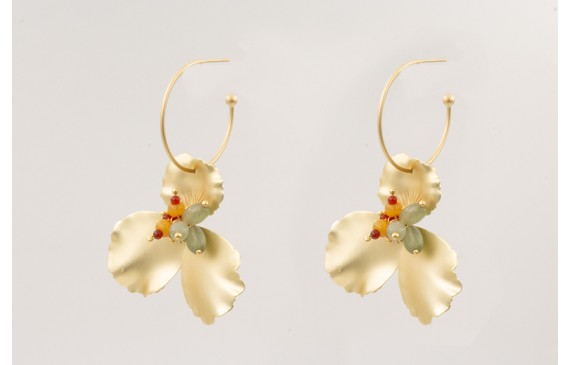 Pendientes aro bolita dorado mate con colgante flo