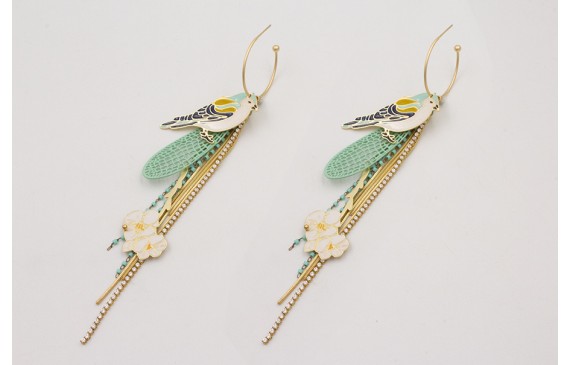 Pendientes aro bolita con pajaro esmaltado tonos a