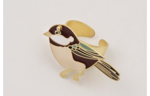 Anillo con pájaro plano esmlatado marrón,beige y v