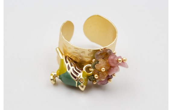 Anillo burruño turmaslines verde-rosas y pájaro es