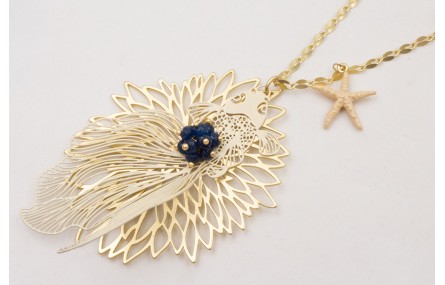 Collar flor de loto,pez tropical beige,burruño azu