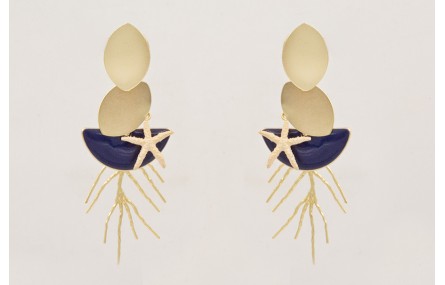 Pendientes ovalos dorados,semicirculo esmaltado az