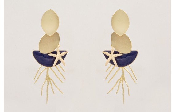 Pendientes ovalos dorados,semicirculo esmaltado az