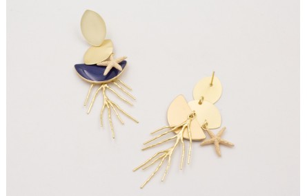 Pendientes ovalos dorados,semicirculo esmaltado az