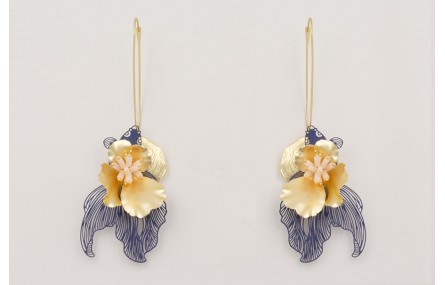 Pendiente eslabon grande,concha dorada,pez tropica