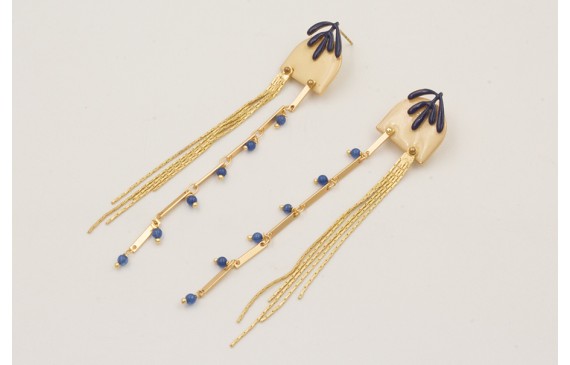 Pendientes hoja esmaltada azul oscuro con fleco do