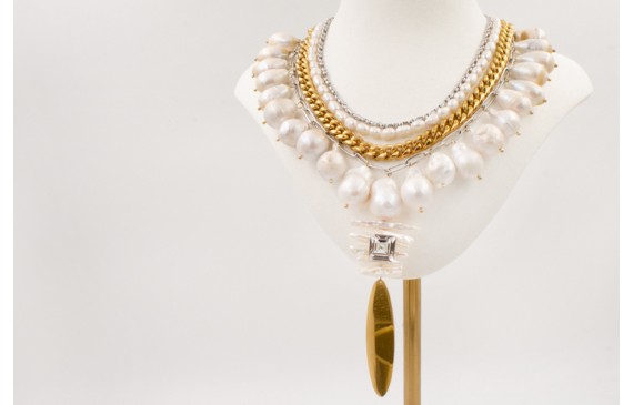 Collar ACERO cadena plateada,tira de perlas,cadena