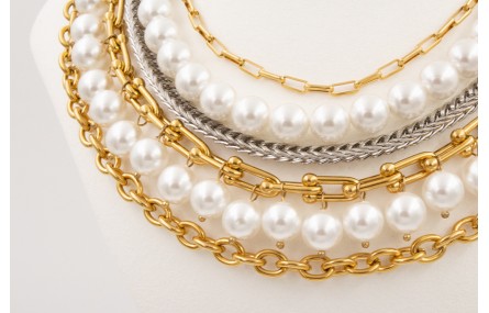 Collar ACERO cadena dorada rectangulos,perlas,cade