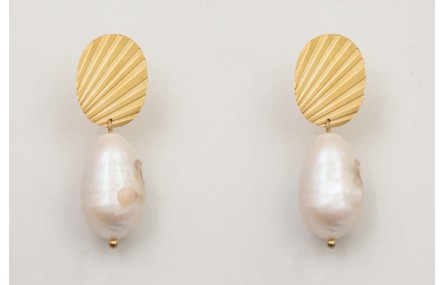 Pendientes perno ACERO estriado con perla de gota 