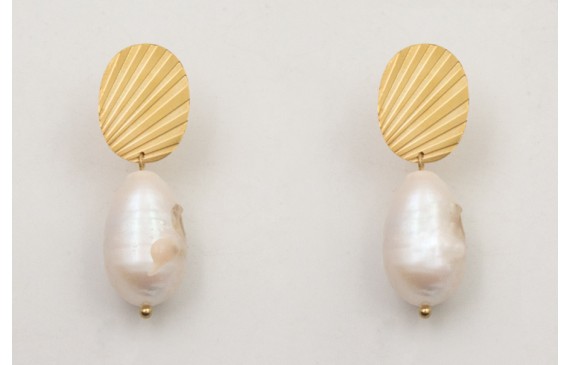 Pendientes perno ACERO estriado con perla de gota 