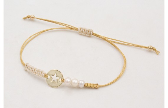 Pulsera nudo macrame dorado y nudo macrame beige c