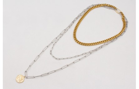 Collar triple ACERO con cadena corta dorada eslabo