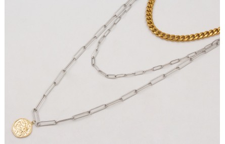 Collar triple ACERO con cadena corta dorada eslabo