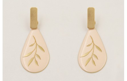 Pendientes gota esmaltada beige con flor dorada y 