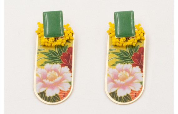 Pendientes perno rectángulo esmaltado verde con ra