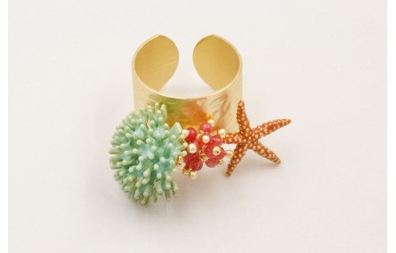 Anillo regulable dorado mate con nenufar esmaltado