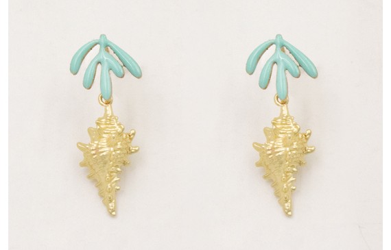 Pendientes perno hojas esmaltadas color turquesa c